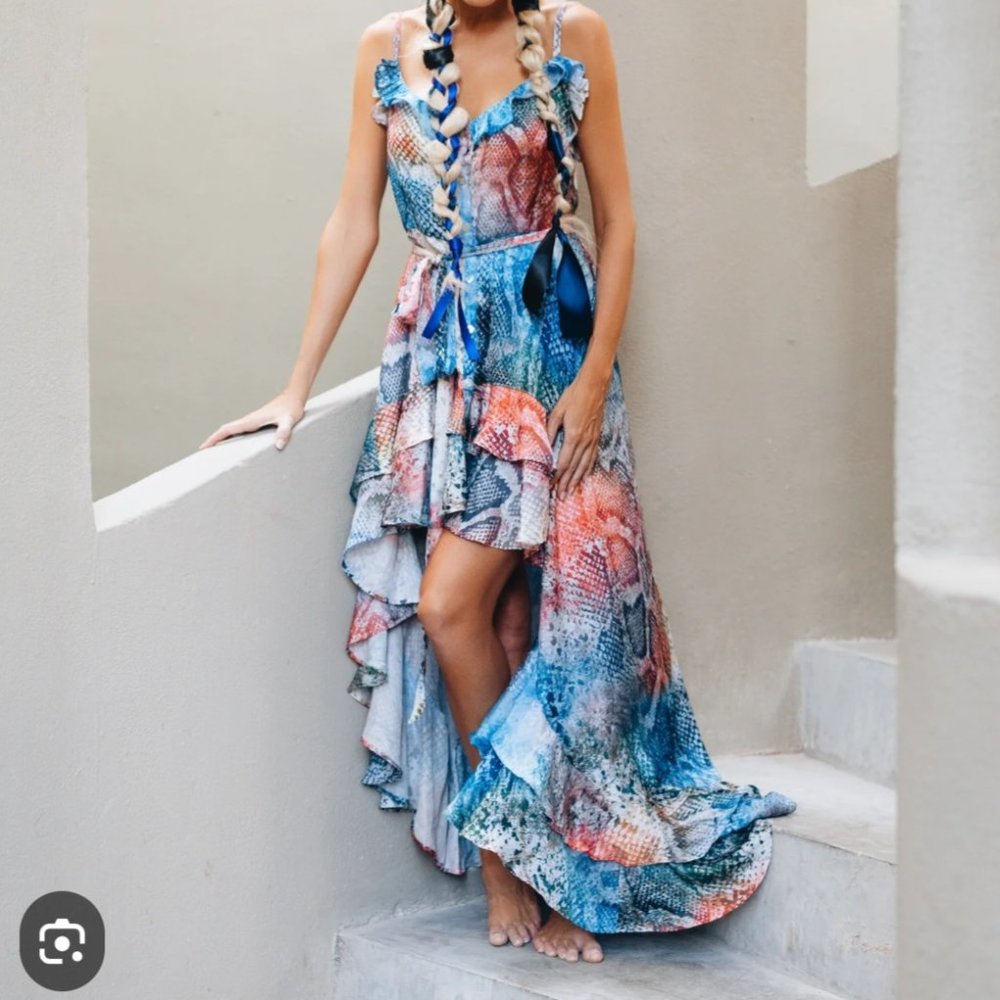 SukiSo Juliet High Low Mermaid Tie Dye Snakeskin Rainbow Dress